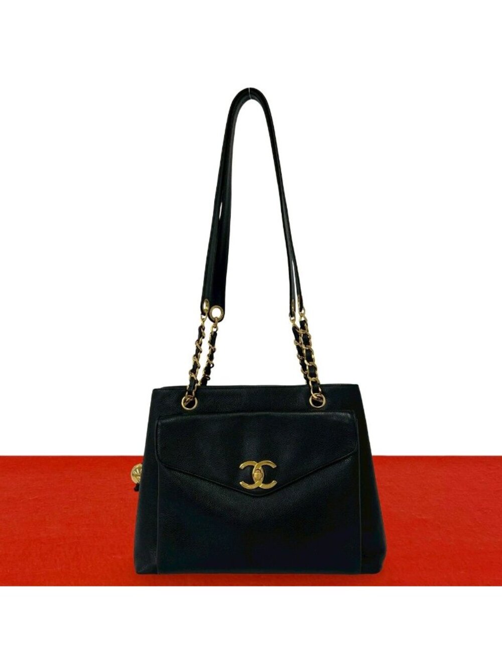 Chanel Vintage CC Logo Caviar Leather Shoulder Bag Mini Tote Black